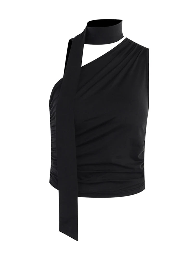 Top Feminino Nyx -  Cropped assimétrico em malha preta/laranja com detalhe de fita no pescoço