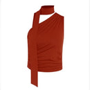 Top Feminino Nyx -  Cropped assimétrico em malha preta/laranja com detalhe de fita no pescoço