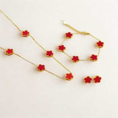 [COMPRE 2 LEVE 3!] Conjunto Feminino Aurora Dourada - Colar, Brinco e Pulseira Trevo da Sorte.
